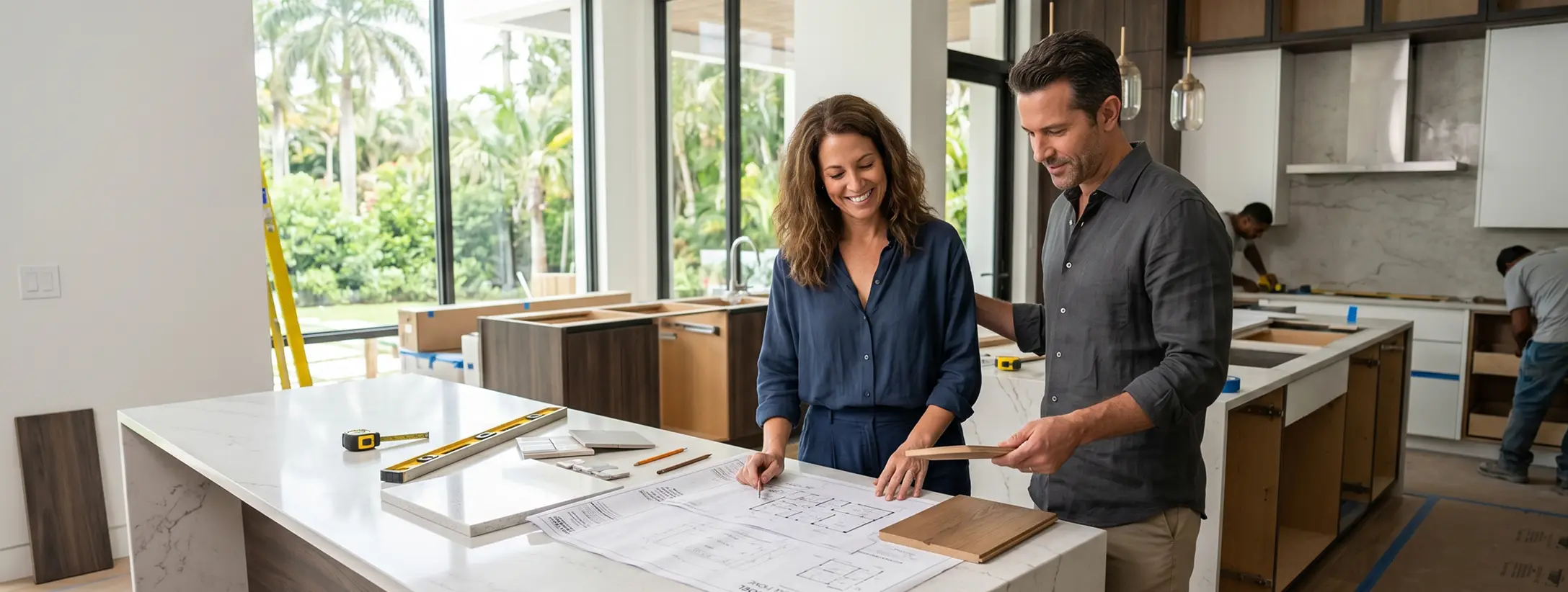 Clients safely discussing confidential details and planning parameters for their residential build with Delaurentiis Construction in Fort Lauderdale, FL.