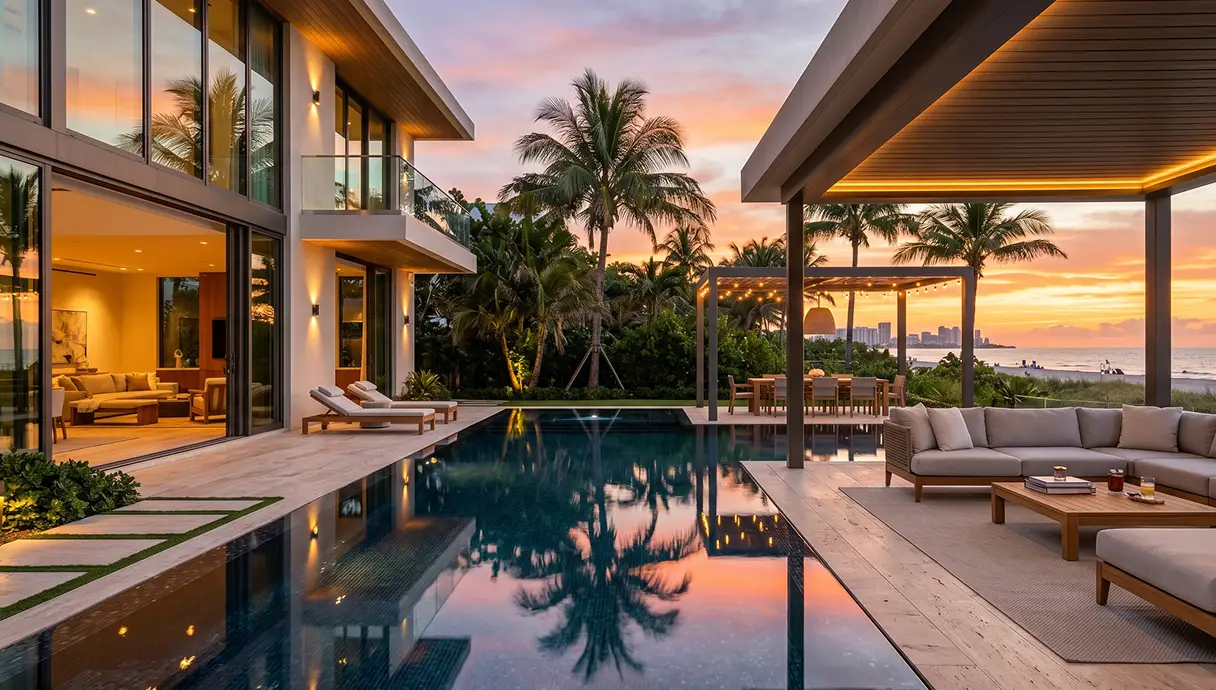 Luxury two-story beachfront custom home with a large infinity pool and outdoor pavilions at sunset.