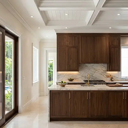 Luxury kitchen renovation featuring custom dark wood cabinets and marble countertops.