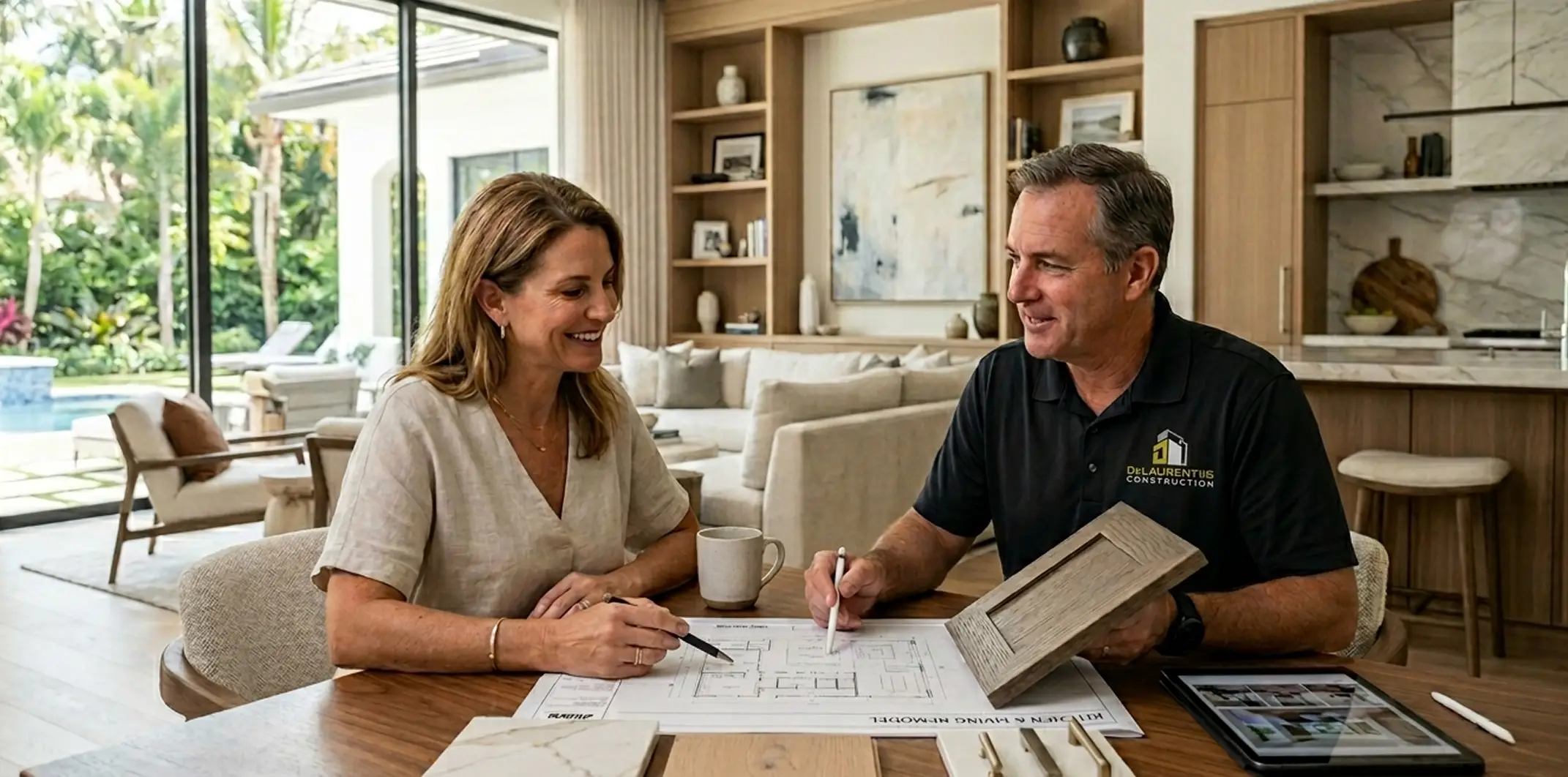 Contractor from Delaurentiis Construction outlining service terms and planning guidelines with a homeowner in Fort Lauderdale, FL.