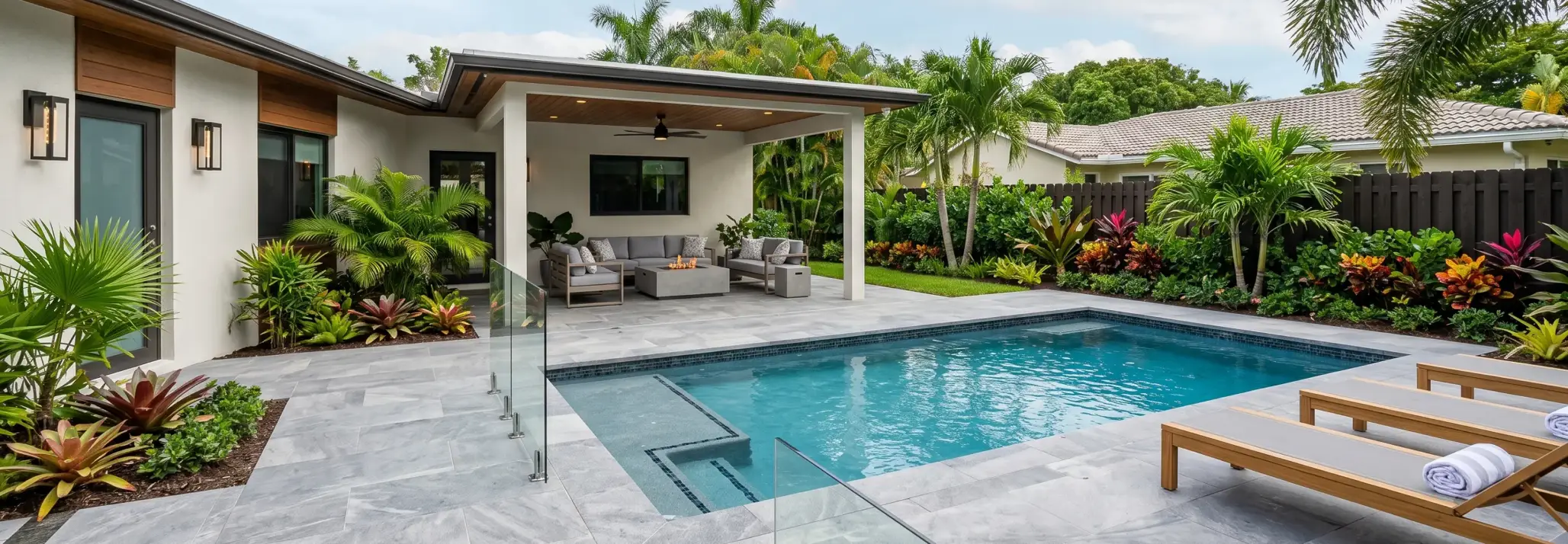 Premium backyard custom pool and outdoor living area designed by Delaurentiis Construction in Fort Lauderdale, FL.