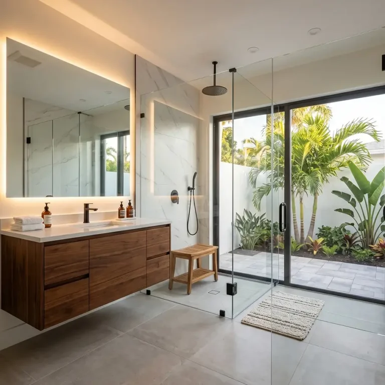 Spa-inspired luxury bathroom remodeling with a glass shower and tropical outdoor views.