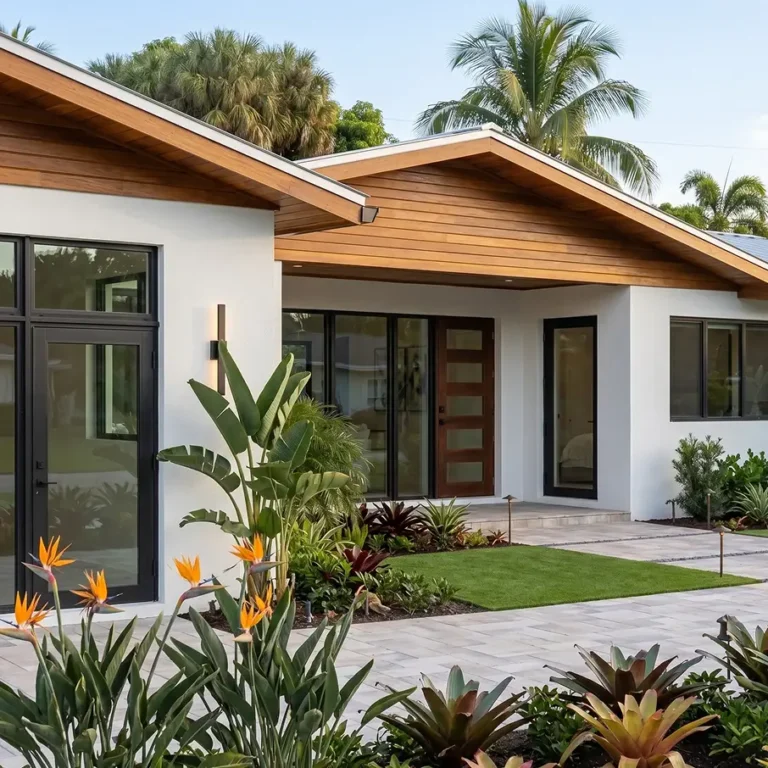 Completed modern custom home exterior renovation with wood accents in Fort Lauderdale.