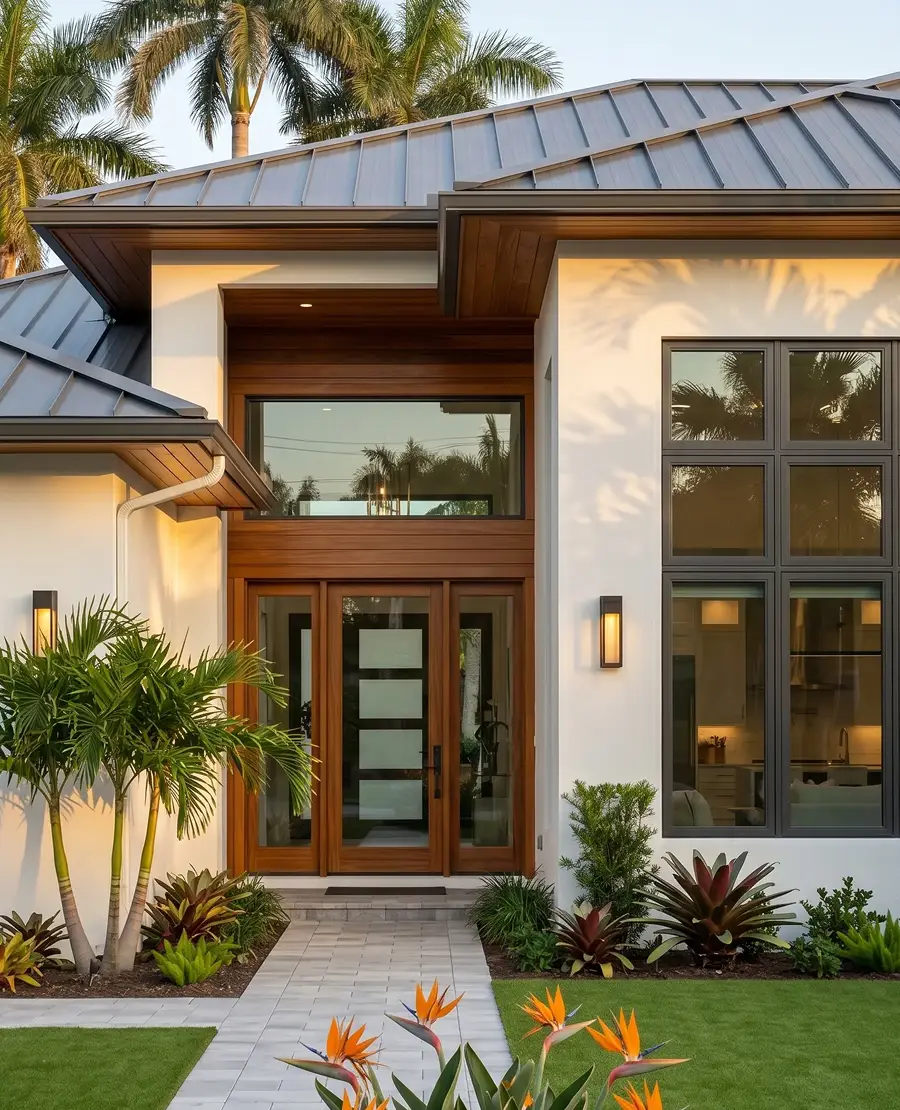 Modern luxury home exterior during golden hour showcasing an open-concept living room and pool patio.