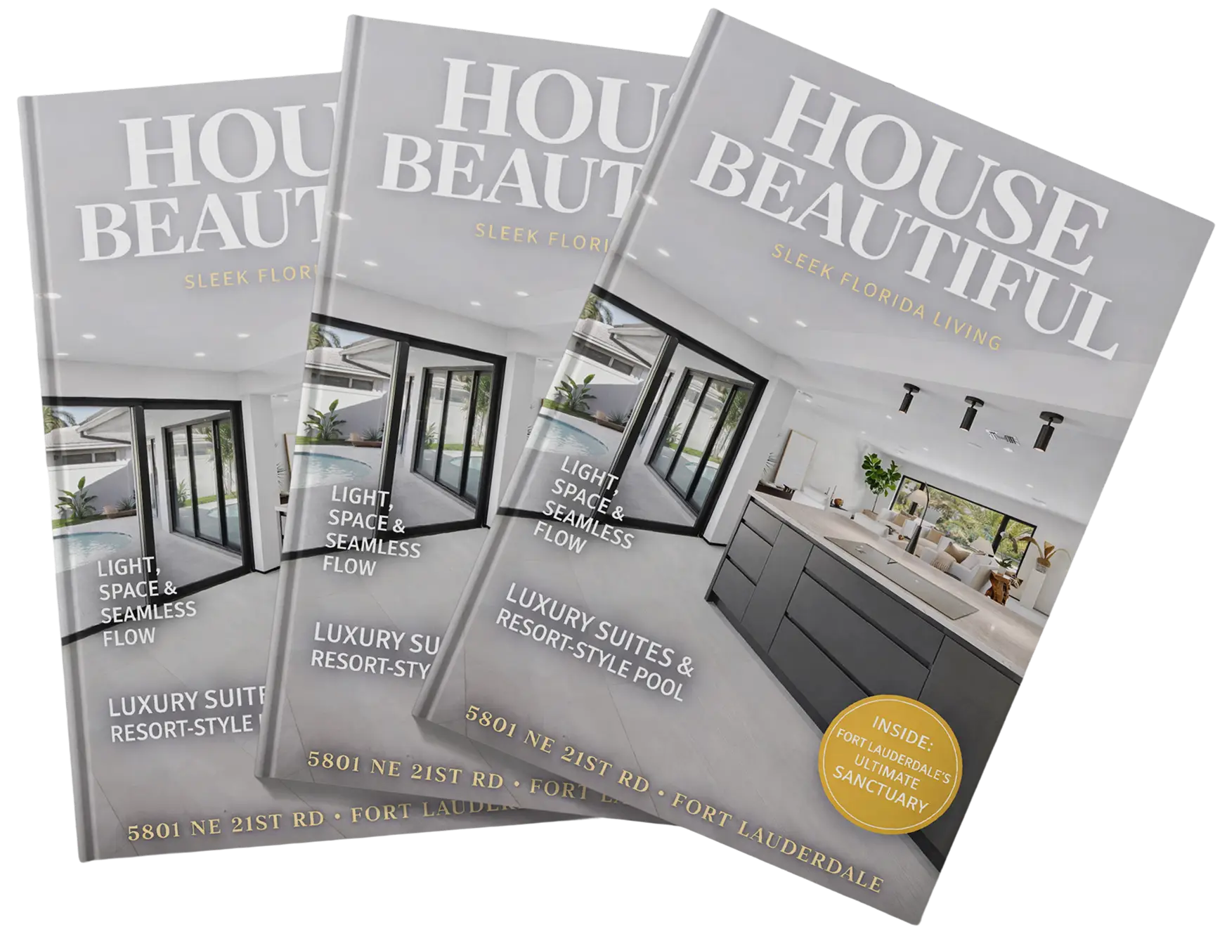 House Beautiful magazine covers showcasing a custom luxury home build in Fort Lauderdale.