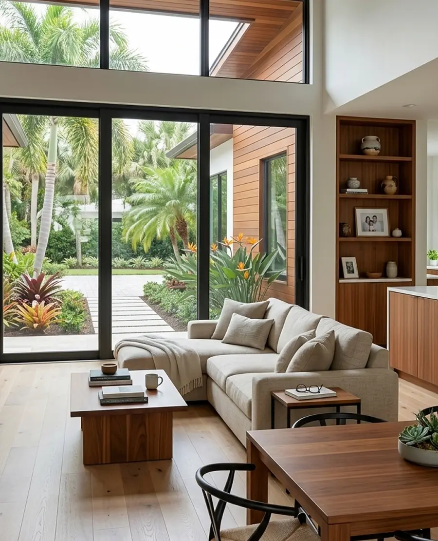 Open-concept living room renovation with floor-to-ceiling windows viewing a tropical garden.