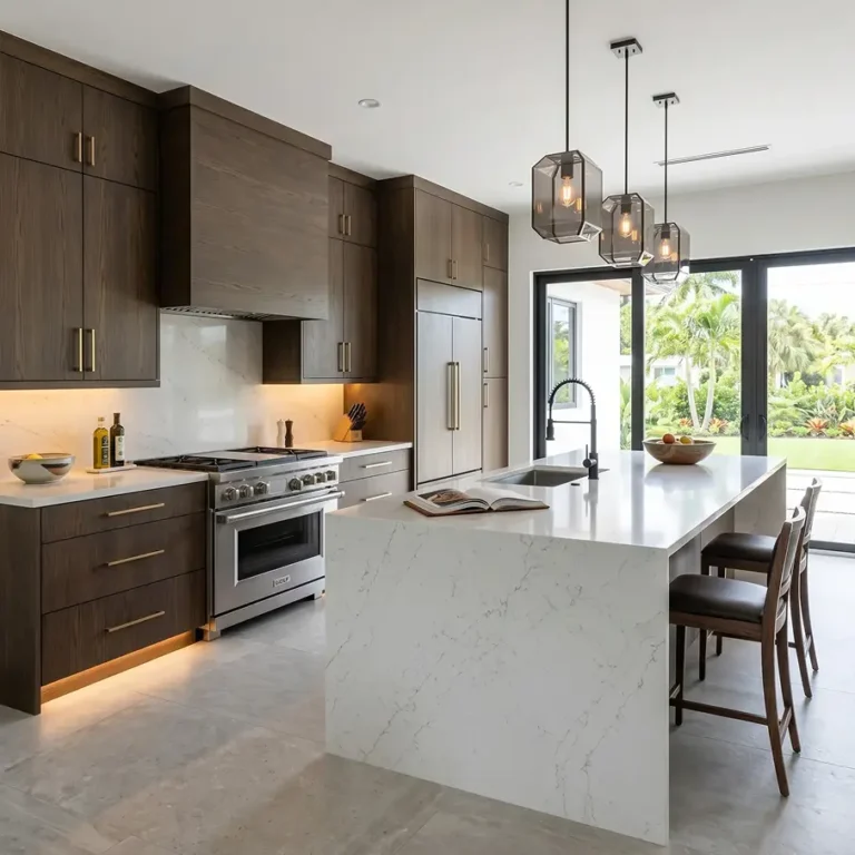 Premium luxury kitchen remodeling featuring custom wood cabinets and a waterfall quartz island.