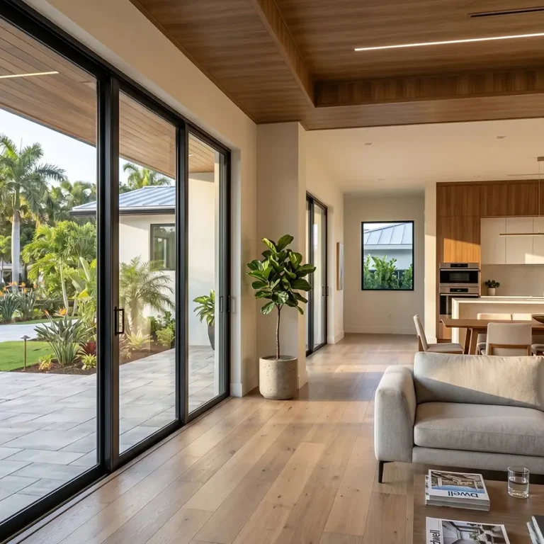 Luxury whole home renovation showing a seamless indoor-outdoor living room and kitchen design.