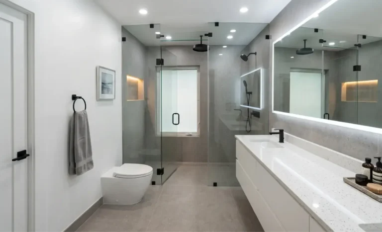 Luxury bathroom remodeling featuring a modern walk-in glass shower and backlit mirror by Delaurentiis Construction.