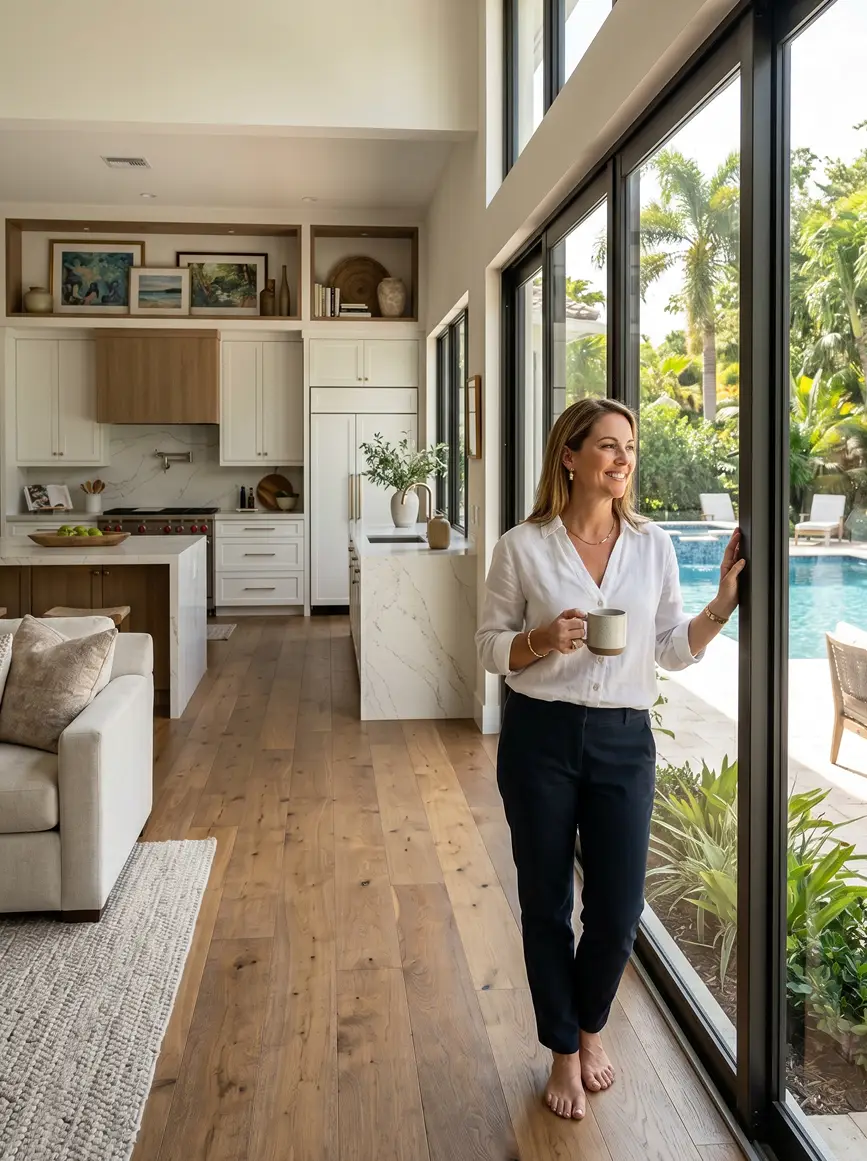Happy homeowner standing by sliding glass doors in a remodeled custom kitchen.