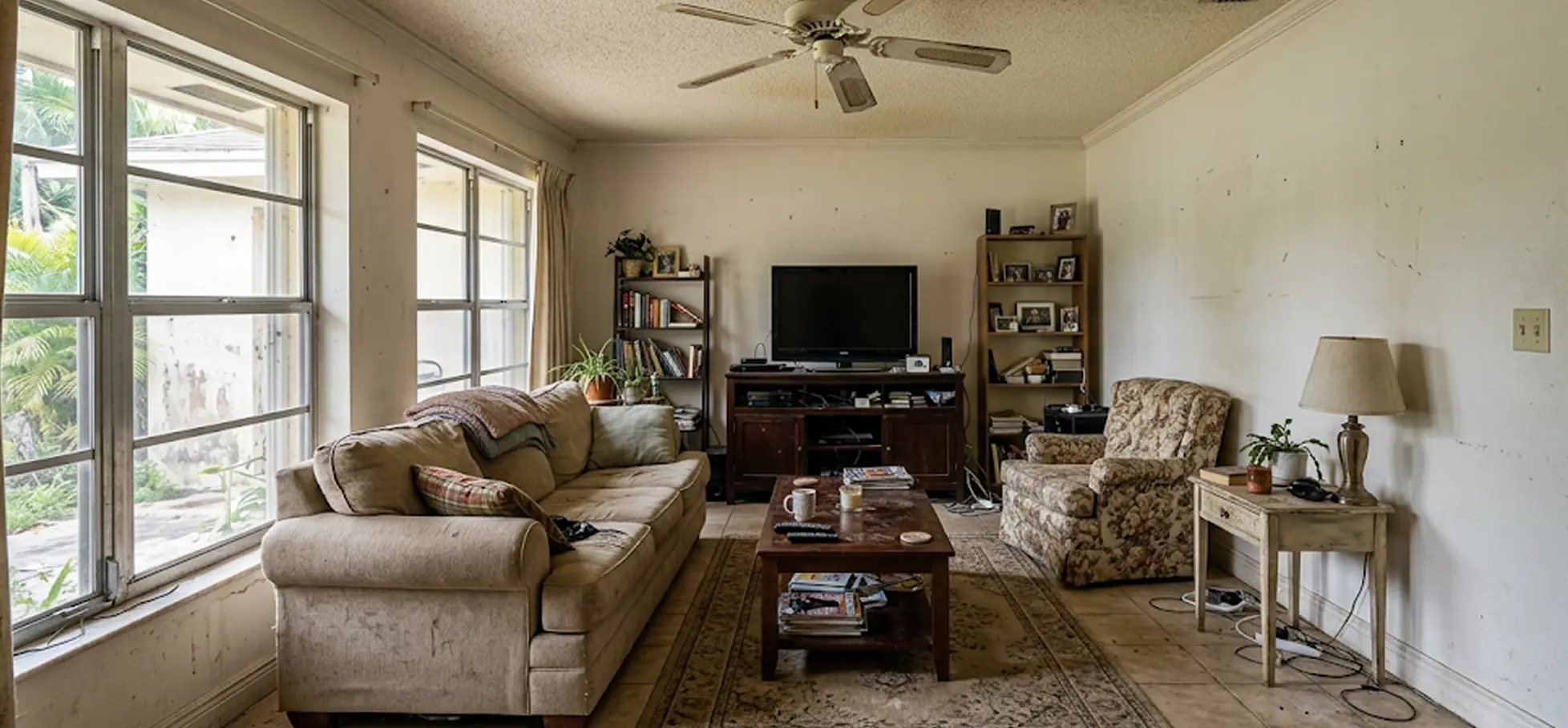 An outdated residential living room showing clear signs it is time to remodel your living space with Delaurentiis Construction in Fort Lauderdale, FL.