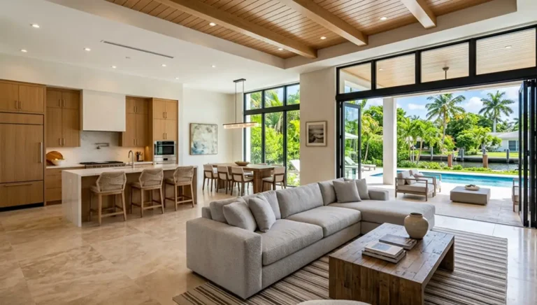 Luxury custom home construction featuring an open floor plan with a pool view.