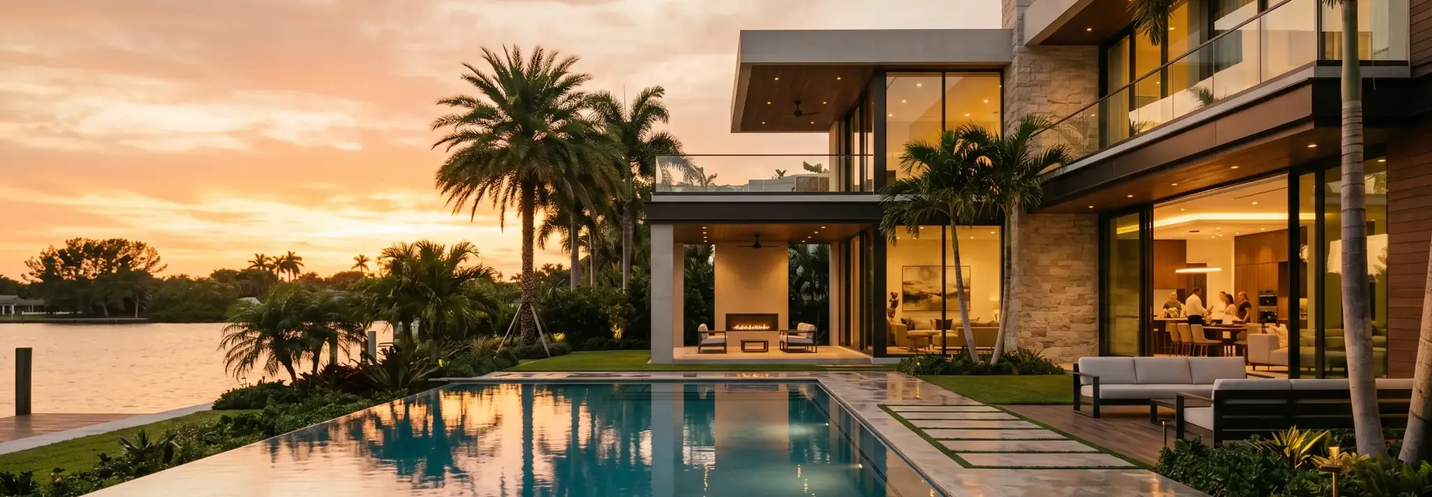 Luxury multi-story waterfront estate with a custom swimming pool and outdoor fireplace pavilion at sunset.