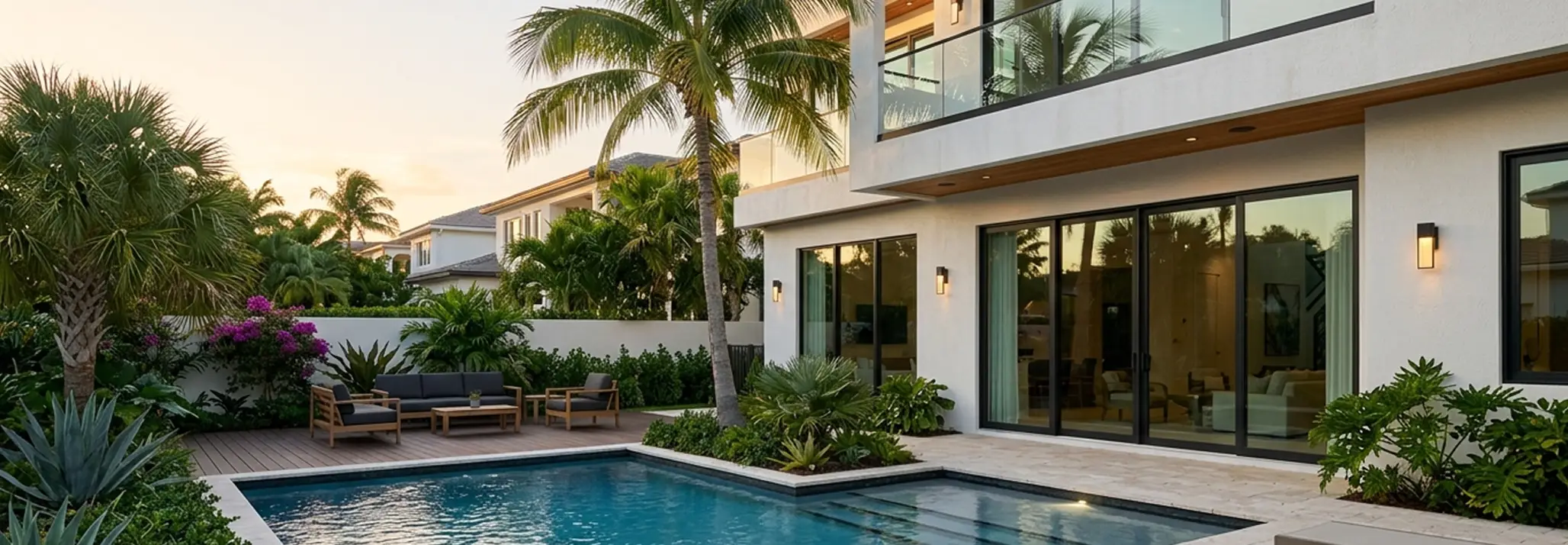 Premium Aventura home remodeling and construction showcasing a luxury backyard pool patio by Delaurentiis Construction.