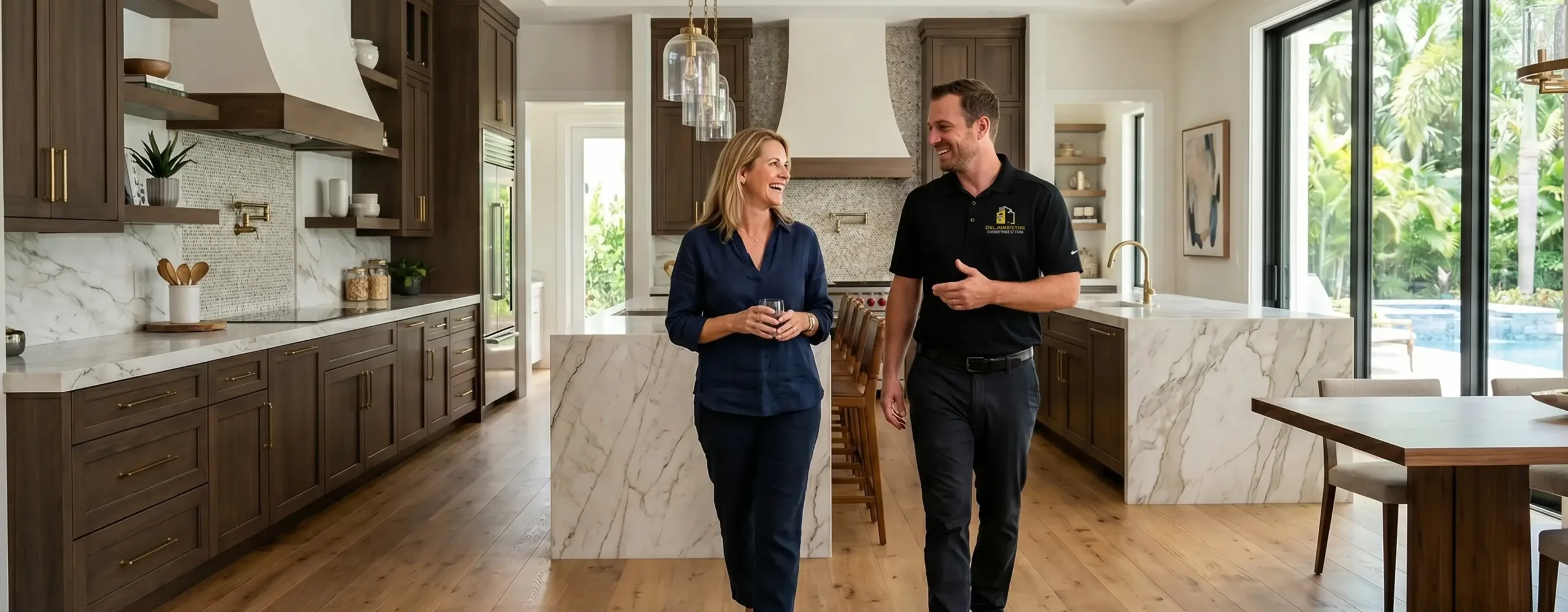 Custom home builder walking through a completed luxury kitchen remodel with a smiling client.