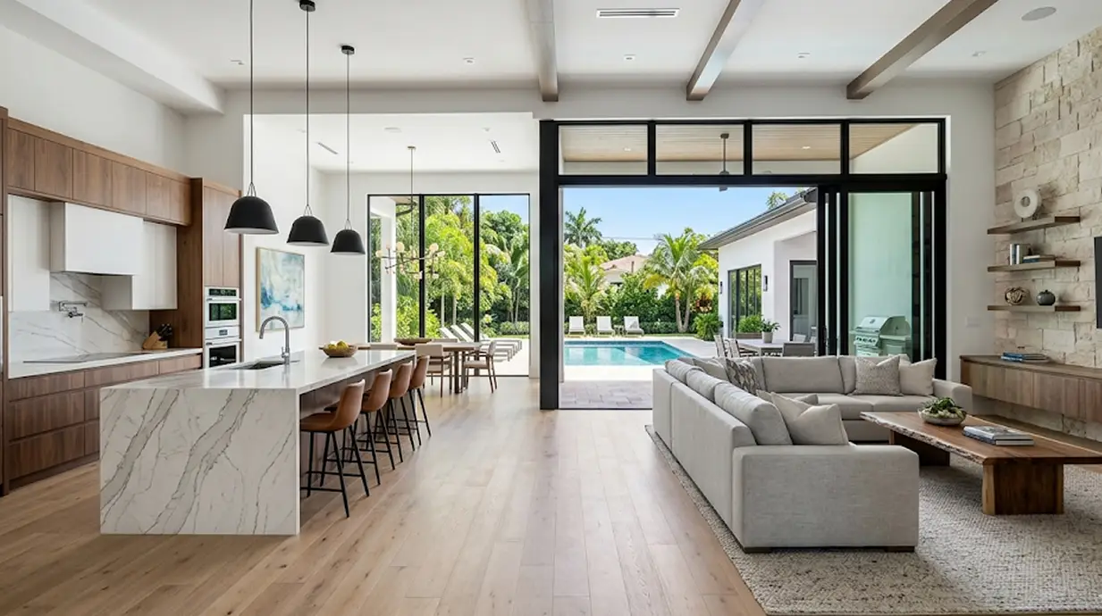Remodeled open-concept South Florida home by Delaurentiis Construction in Fort Lauderdale, FL featuring a modern luxury kitchen and indoor-outdoor pool view.