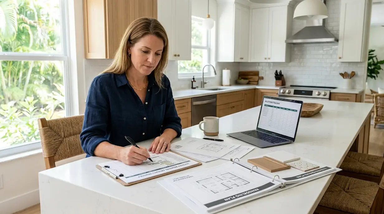 A homeowner planning her kitchen renovation timeline with Delaurentiis Construction in Fort Lauderdale, FL.