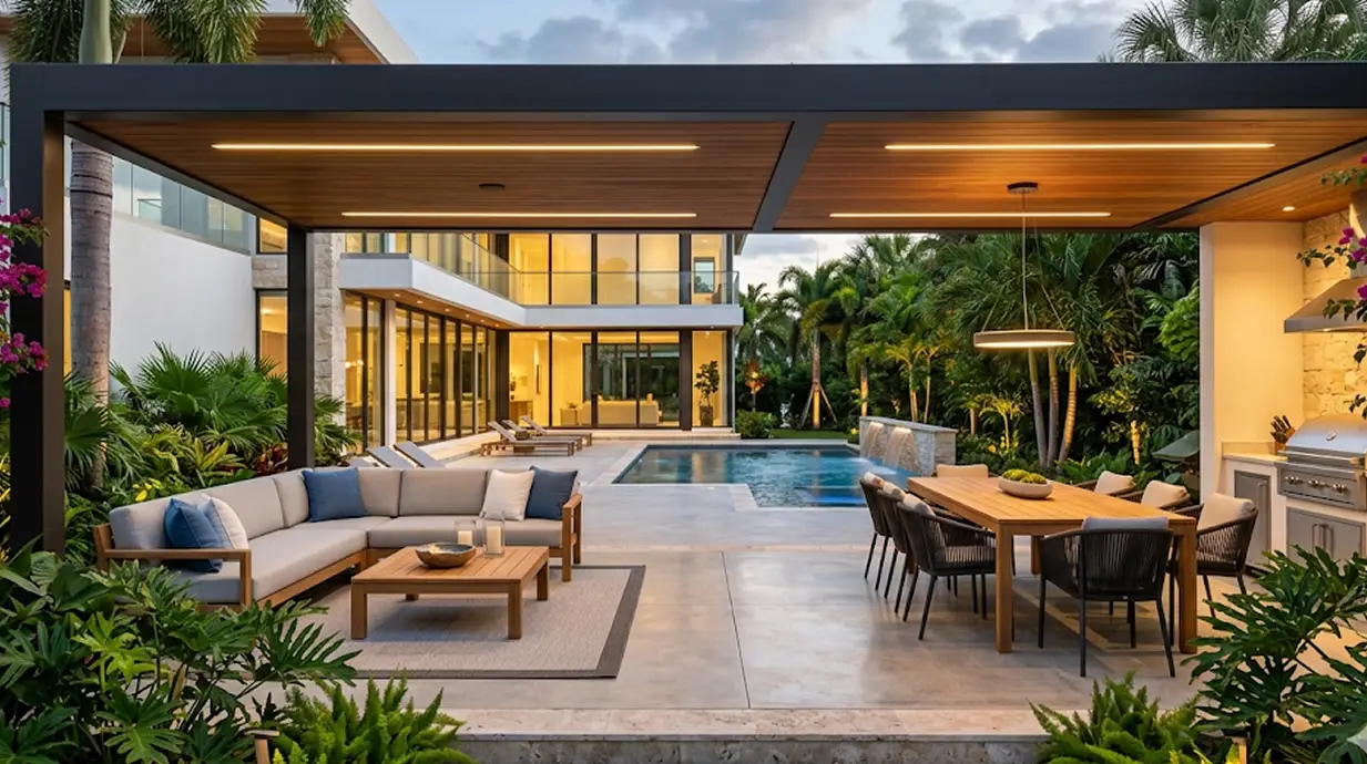 Luxury outdoor living space built by Delaurentiis Construction in Fort Lauderdale, FL featuring a modern patio pavilion, custom seating, and pool view.